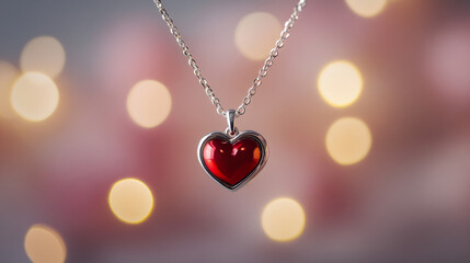 Elegant heart-shaped pendant necklace shimmering with lights in the background