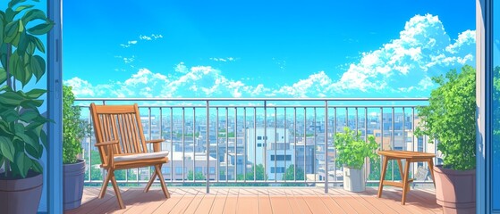 Fototapeta premium Scenic Urban Balcony with Wooden Chairs and Lush Greenery Under Blue Sky