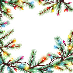 Christmas tree branches with lights watercolor frame on white background. Generative AI
