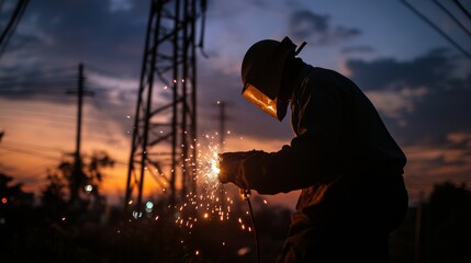 Fototapeta premium Construction worker performing welding tasks on a job site for structural development