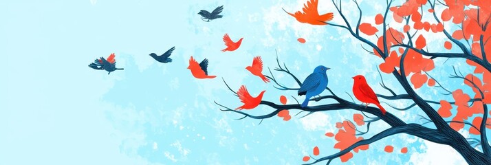 Celebrating International bird day with vibrant autumn nature scene. Flat illustration. Horizontal banner. Copy space. World Wildlife day. Bird Watching and Bird Study Days