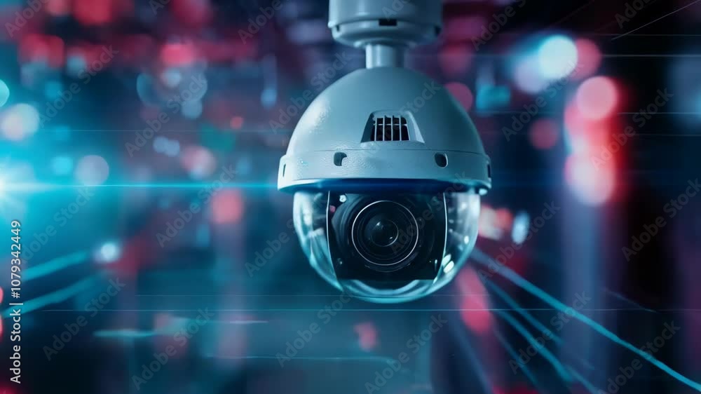 Poster Dome security camera with digital interface background. Future Ai, Artificial Intelligence. Futuristic surveillance system technology concept. Security and control. Holographic data elements.