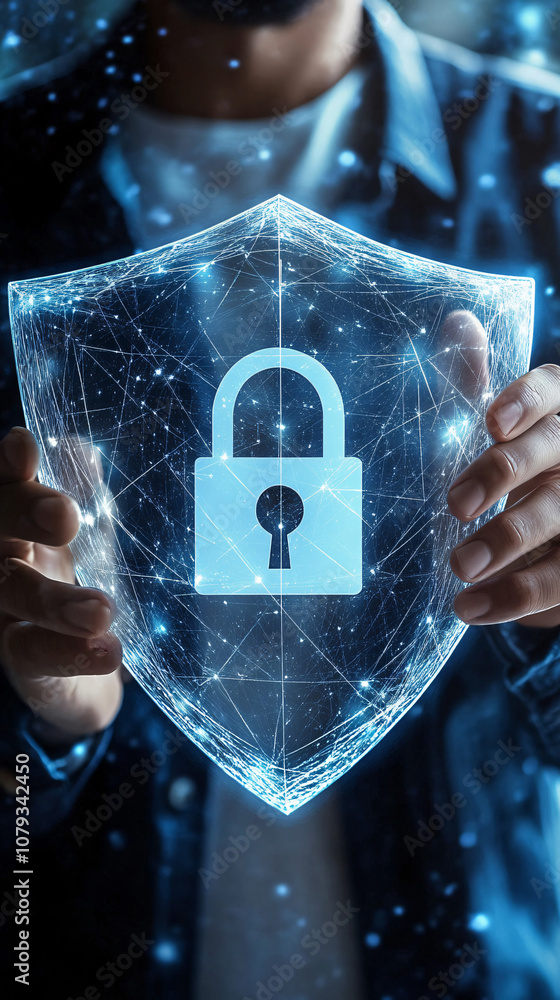 Poster programmer safeguarding data with a virtual shield and padlock against cyber threats in the modern d