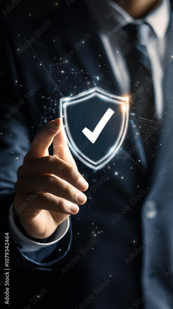 Poster businessman activating a futuristic shield with checkmark, symbolizing data protection and secure ac