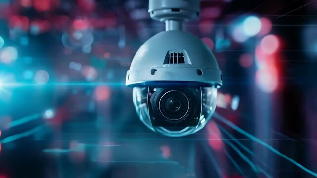 Dome security camera with digital interface background. Future Ai, Artificial Intelligence. Futuristic surveillance system technology concept. Security and control. Holographic data elements.