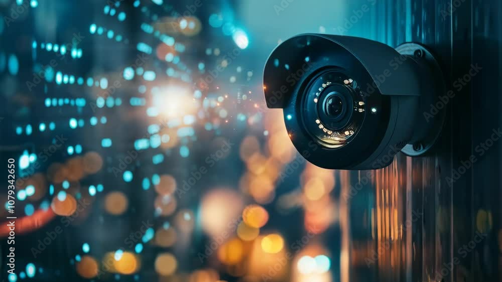Poster cctv camera in city with digital interface background. future ai, artificial intelligence. futuristi
