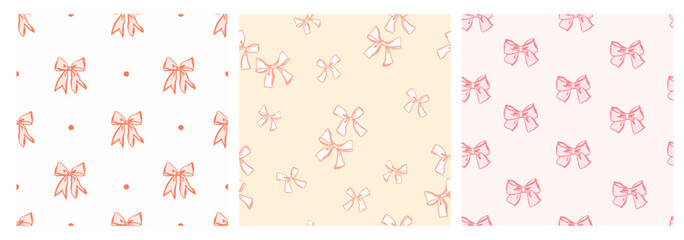 Set of seamless pattern with bows, hand drawn vector hair accessory