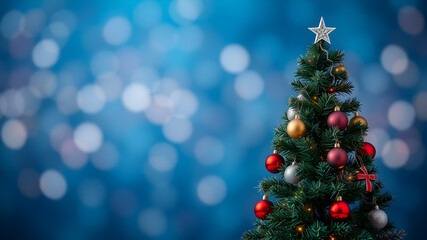 Obraz premium Christmas tree decorated with ornaments standing on a blue bokeh background. Generative AI