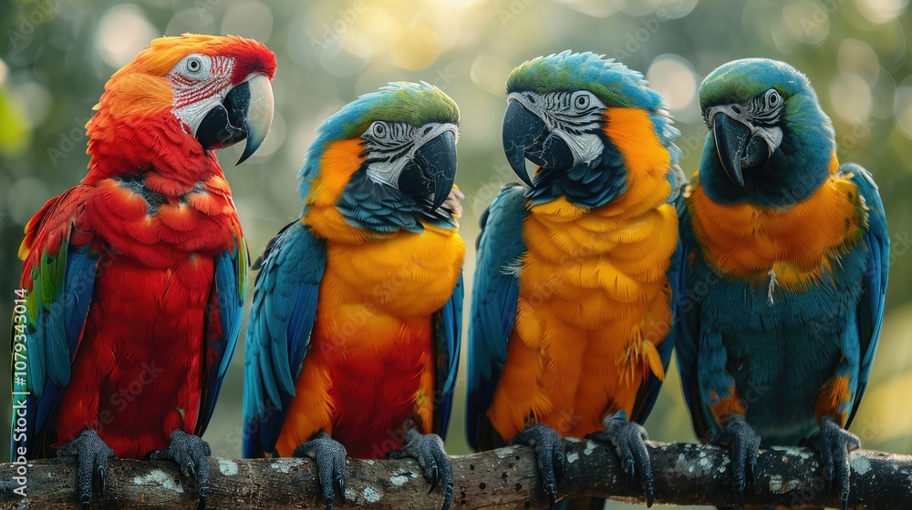 Poster four colorful macaws perched on a branch in a rainforest setting.
