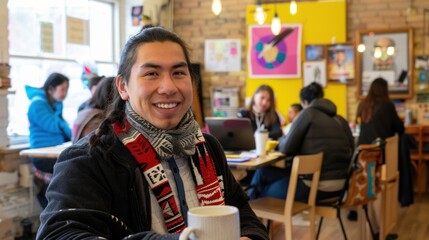 Obraz premium A young Native American entrepreneur engages in work at a vibrant co-working space, embracing cultural pride and modern business