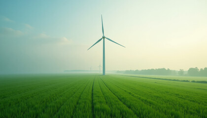 Fototapeta premium Misty Sunrise over a Green Field with Wind Turbines