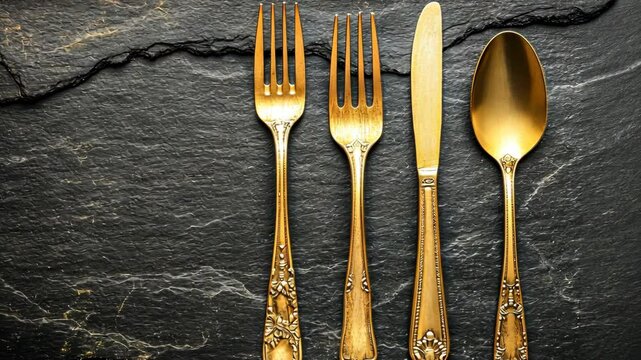 A set of gold silverware on a black slate surface