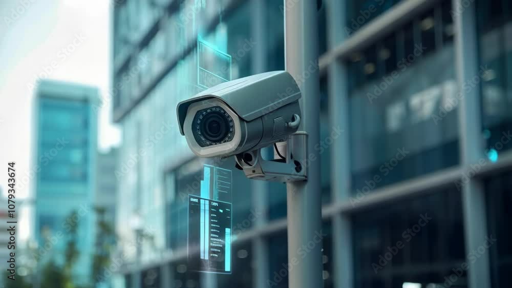Poster CCTV camera on building with digital interface background. Future Ai, Artificial Intelligence. Futuristic surveillance system technology concept. Security and control. Holographic data elements.