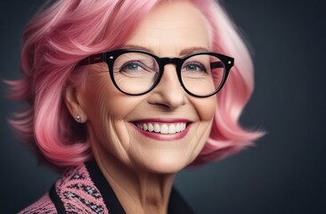 Obraz premium Elderly woman wears glasses smiles. Young at heart lady enjoys life. Youth concept. Senior retired woman feels positive vibe. Bright pink hair. Perfect teeth, advertising for health, dentist clinic