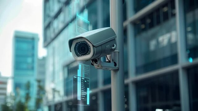 CCTV camera on building with digital interface background. Future Ai, Artificial Intelligence. Futuristic surveillance system technology concept. Security and control. Holographic data elements.