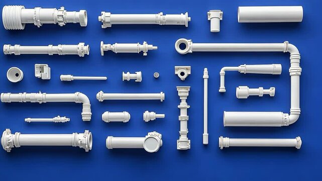 White PVC pipes of various sizes and shapes are arranged on a blue background
