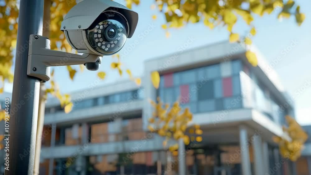 Poster cctv camera on pole with school building in the background. modern surveillance system technology co