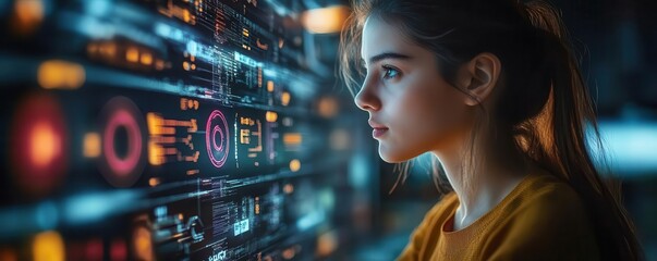 Forecast of tech industry revenue trends and competitive landscape in 2025 selective focus, tech theme, futuristic, Multilayer, digital interface backdrop