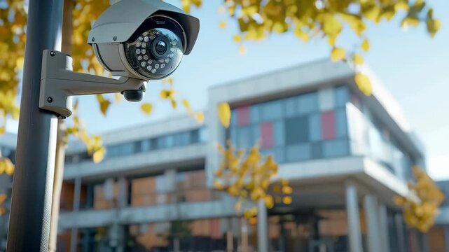 CCTV camera on pole with school building in the background. Modern surveillance system technology concept. Electronic device for security and control.