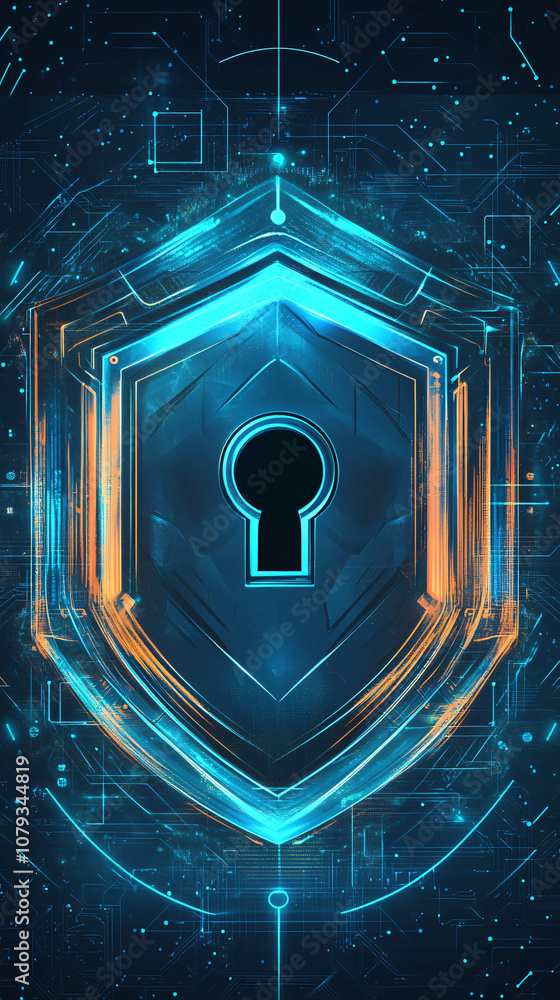 Fototapete symbolizing cybersecurity and data protection: futuristic shield with glowing keyhole on circuit boa