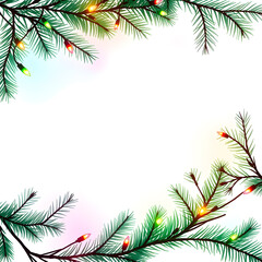 Christmas tree branches with lights watercolor frame on white background. Generative AI