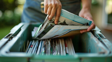 A person organizing papers into a green storage bin during a sunny day in a backyard garden, showcasing a tidy gathering of documents