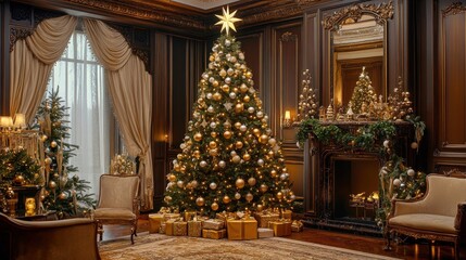 Fototapeta premium Christmas tree with star on top, decorated in elegant gold and white ornaments, warm glow creating a cinematic atmosphere