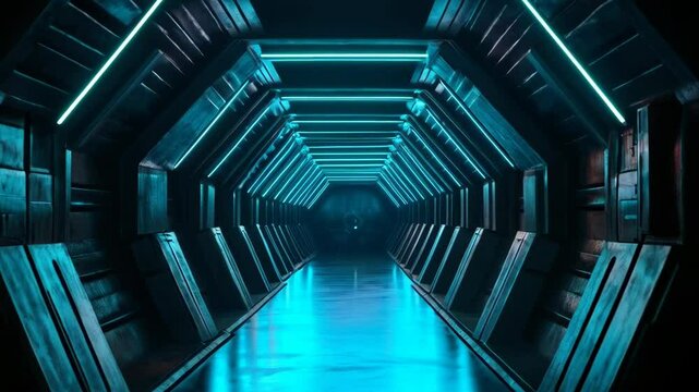 Flying through futuristic tunnel interior with neon lights. Sci-fi spaceship corridor. 3D animation. Space station travel. Technology and future concept