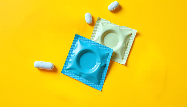 Condoms and birth control pills on yellow background, flat lay. Safe sex concept isolated with white highlights, png