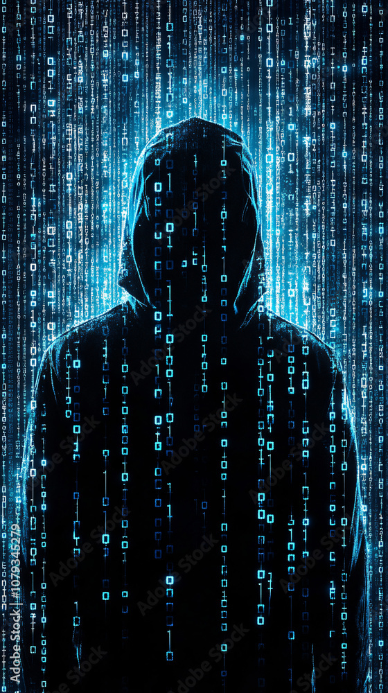 Fototapete cybercriminal wearing hoodie is hiding face behind binary code rain, concept of cybersecurity and an