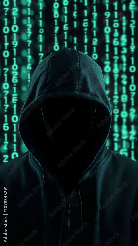 Poster hacker wearing hoodie is hiding face behind laptop, with binary code scrolling down in background