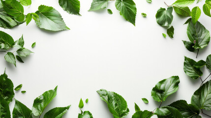 A collection of diverse green leaves arranged to promote an environmental message on a clean white background