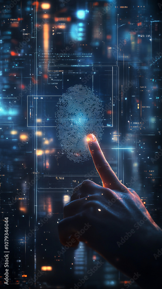 Poster Futuristic digital interface with data and code accessed by hand using fingerprint scanner