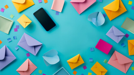Colorful envelopes and a smartphone arranged on a vibrant blue surface surrounded by decorative confetti