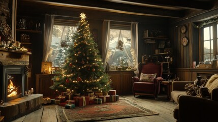 Christmas tree in a farmhouse living room, decorated with rustic ornaments, cozy and cinematic ambiance