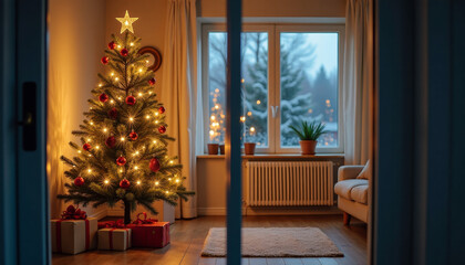 Fototapeta premium Christmas Tree in Cozy Living Room