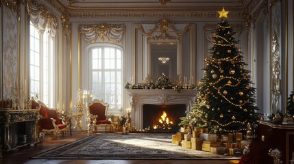 Fototapeta premium Elegant Christmas tree in a grand room with a fireplace, decorated with gold ornaments, cinematic depth and warmth