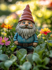 Garden gnome among vibrant flowers outdoors.