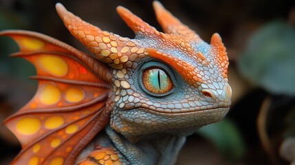 A close-up of a small, colorful dragon with orange and yellow scales and a green eye.