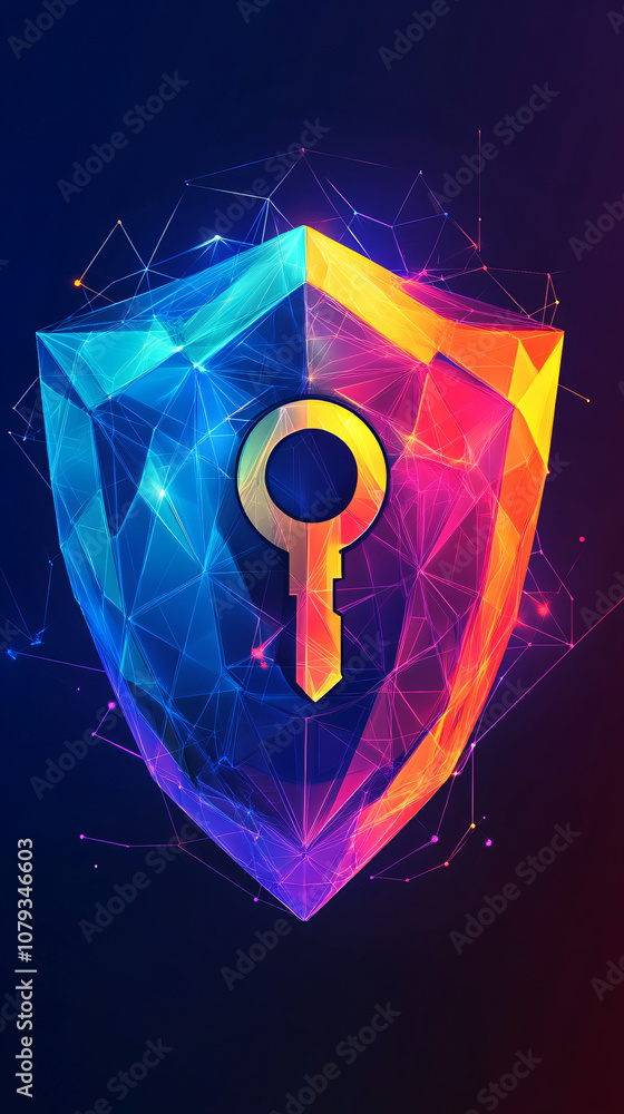 Poster vibrant shield with keyhole symbolizes cybersecurity, data protection, and network security in the d