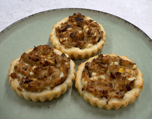 Gourmet mini tarts. Closeup view of fresh baked smoked salmon pies	
