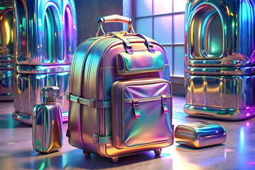 A vibrant, standout, holographic backpack beside metallic containers in a stylish, modern setting with colorful, standout lighting.