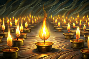 Fototapeta premium A standout A mesmerizing scene of flickering candles arranged in rows, casting a warm glow in a darkened ambiance, evoking tranquility and spiritual reflection.