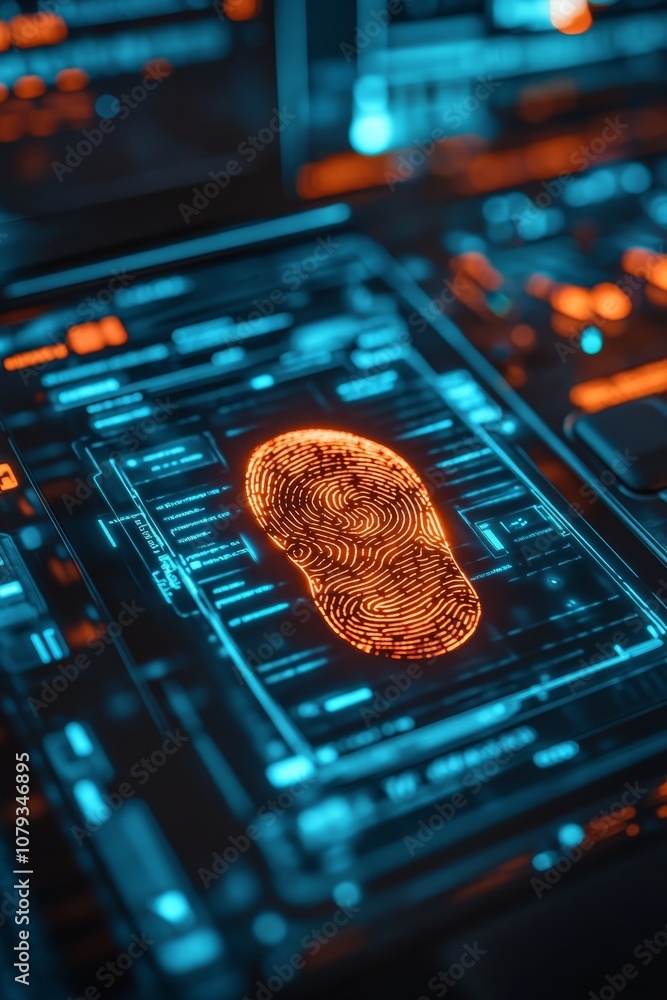 Poster glowing fingerprint scan on circuit board, cybersecurity and biometric identification concept