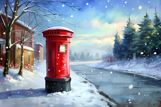 A standout A picturesque winter scene featuring a red postbox surrounded by snow, trees, and a tranquil road, evoking a serene, nostalgic atmosphere.