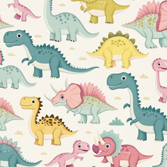 Obraz premium A vibrant array of cartoon dinosaurs in various colors and styles fills the cream background. This whimsical design appeals to children and enhances playful environments.generative ai