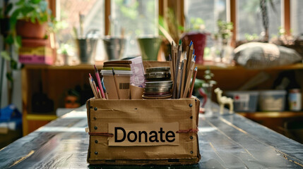 Box labeled with Donate sign filled with school supplies and crafting materials in a community center during a volunteer event