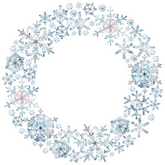 Watercolor snowflakes winter granulation illustration wreath round. Frost crystals drawn by hand. Painted drawing isolated background. For print, bags, cards, banner, poster, invitation