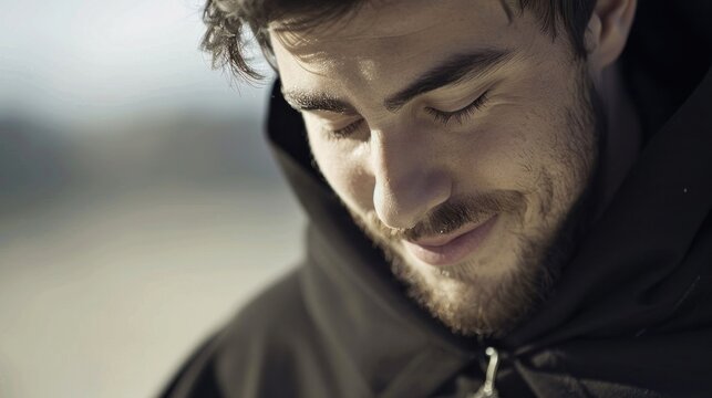 A serene young Spanish friar stands with a cross around his neck, looking down with a calm smile in soft natural light
