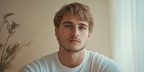 Contemplative young man by sunlit window with neutral background